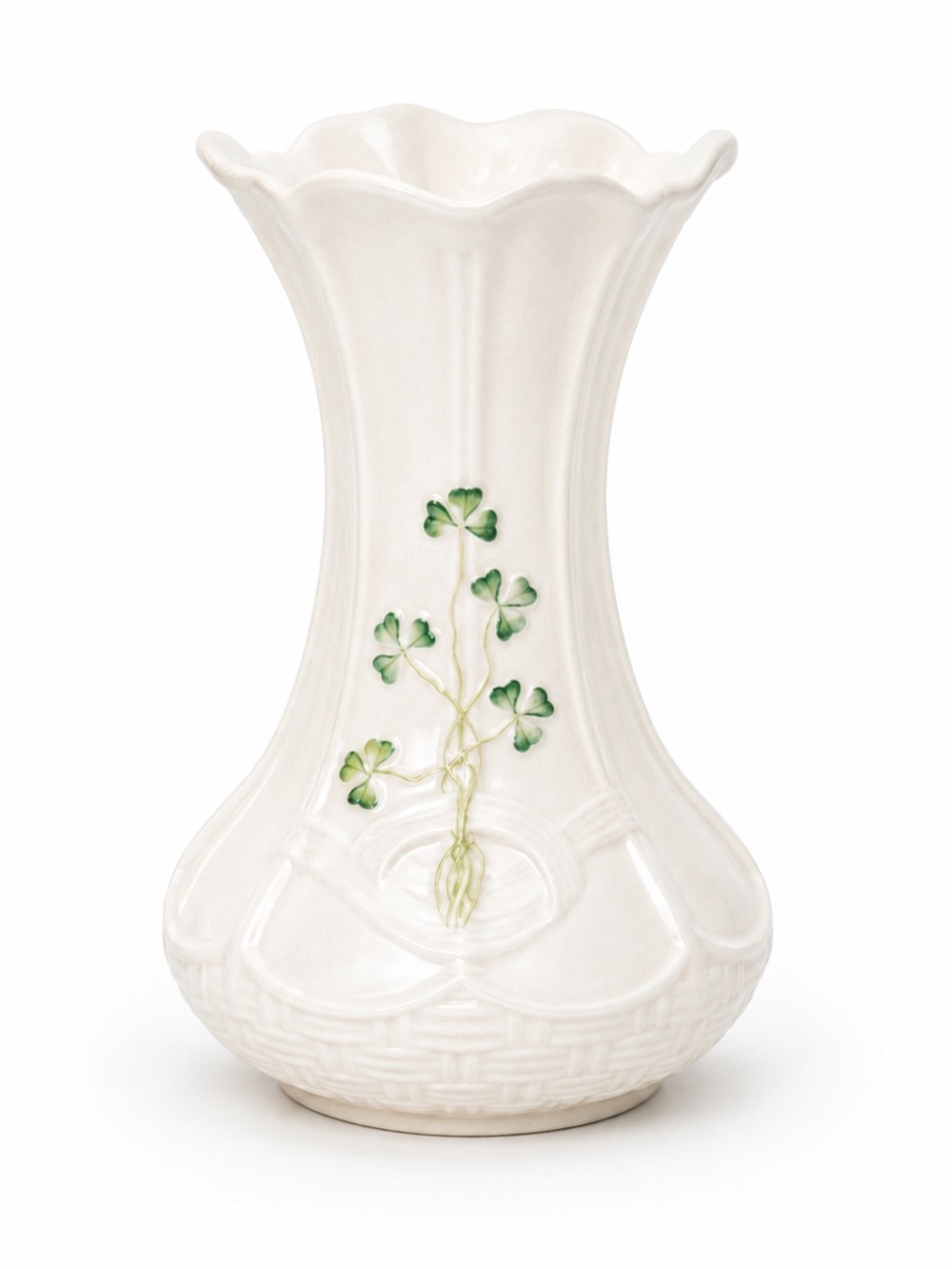 Vintage Belleek Ireland Strangford Shamrock Vase Basketweave Ivory Porcelain